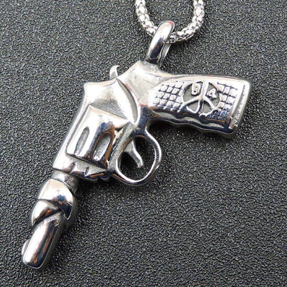 UNISEX Graphic Silver GUN with PEACE Sign Design Pendant Necklace - Picture 1 of 6